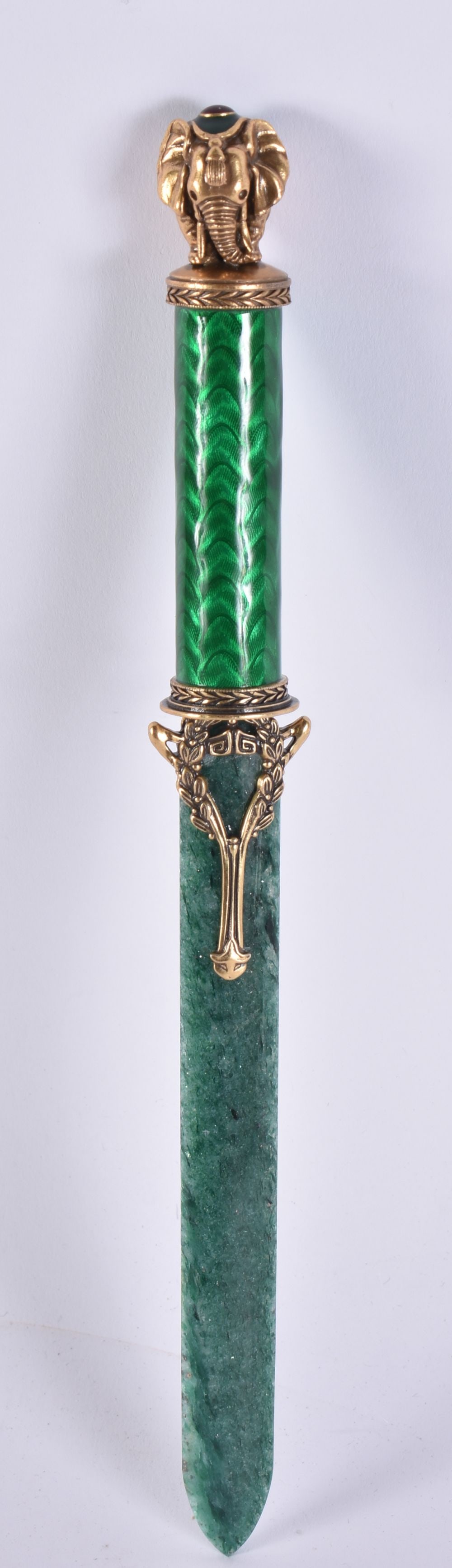 A CONTINENTAL SILVER ENAMEL AND GREEN STONE LETTER OPENER. 22.5 cm long. (1 of 5)