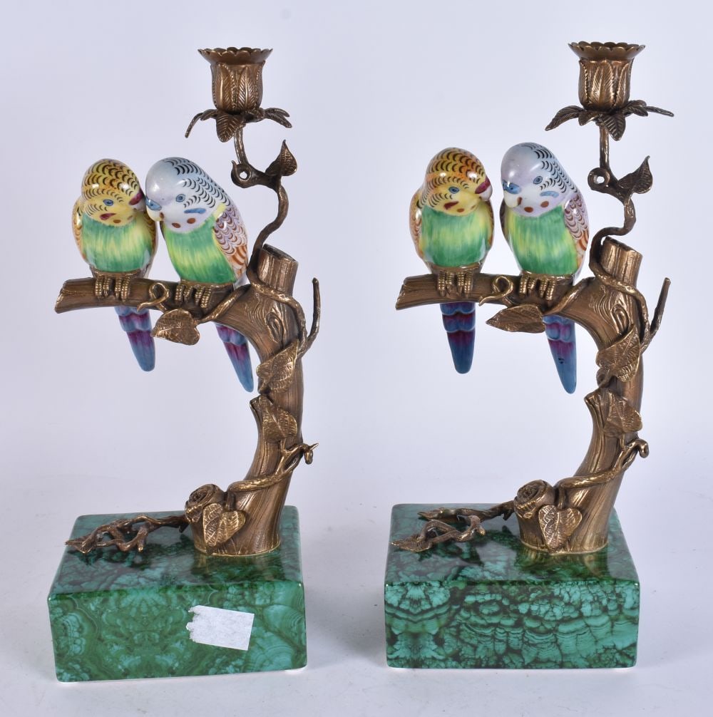 A PAIR OF CONTINENTAL PORCELAIN AND BRONZE CANDLESTICKS. 31.5 cm high. (1 of 5)