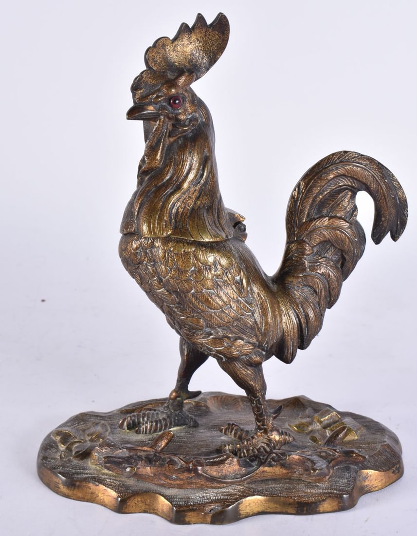 A 19TH CENTURY EUROPEAN GILT BRONZE COCKERELL INKWELL. 20.5 cm high. (1 of 5)