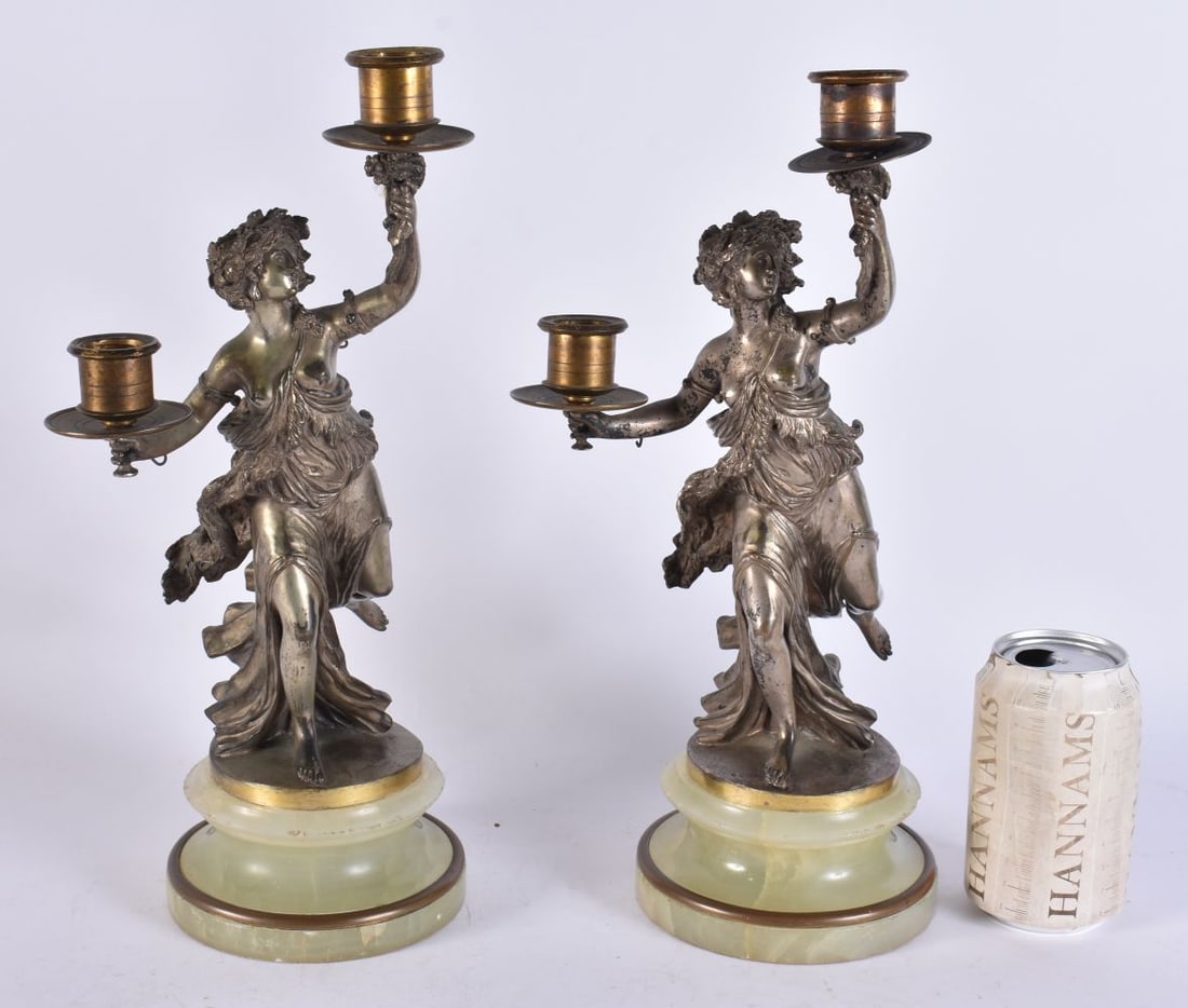 A PAIR OF 19TH CENTURY FRENCH SILVERED BRONZE CANDLESTICKS. 35 cm high. (1 of 5)