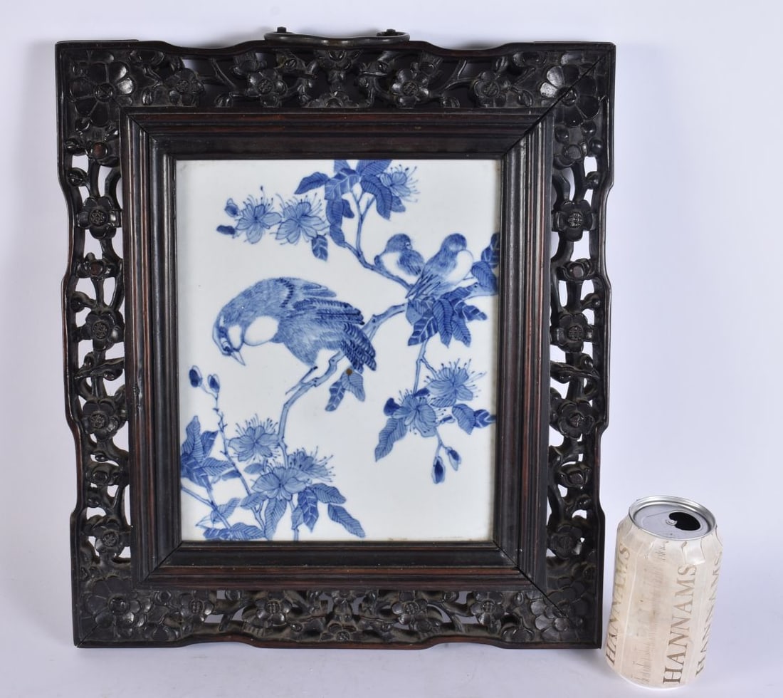 AN 18TH/19TH CENTURY CHINESE BLUE AND WHITE PORCELAIN PLAQUE Qing, contained within a hardwood frame (1 of 5)