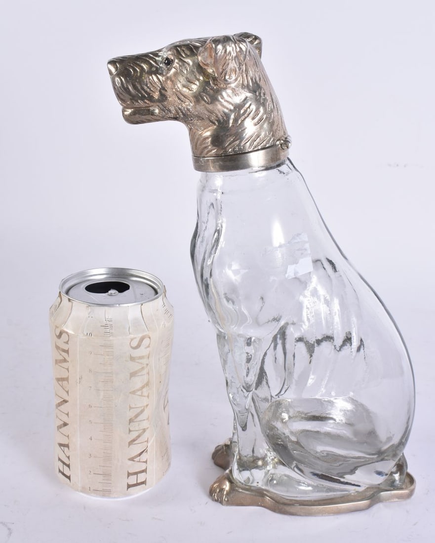 A SILVER PLATED DOG HEAD DECANTER. 25 cm high. (1 of 5)
