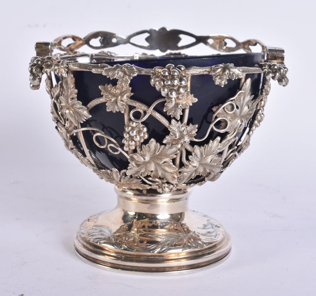 A VICTORIAN SILVER BLUE GLASS SUGAR BOWL. Silver 358 grams. 17 cm high inc handle. (1 of 5)