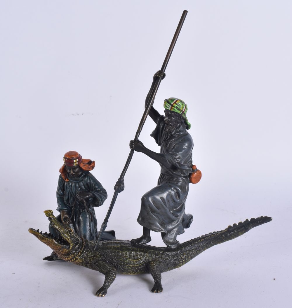 A CONTINENTAL COLD PAINTED BRONZE ARABIC ALLIGATOR GROUP. 19 cm x 25 cm. (1 of 6)