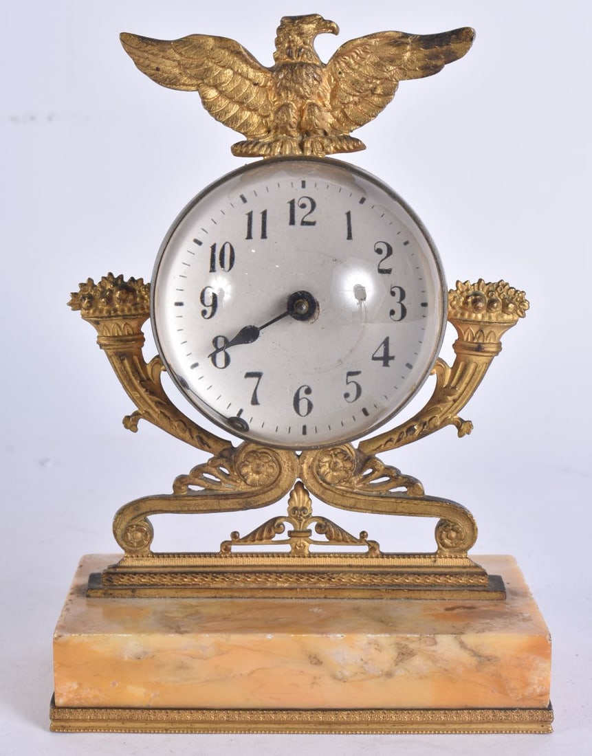 A LATE 19TH CENTURY FRENCH BRONZE AND SIENNA MARBLE EAGLE CLOCK. 16 cm x 11 cm. (1 of 4)