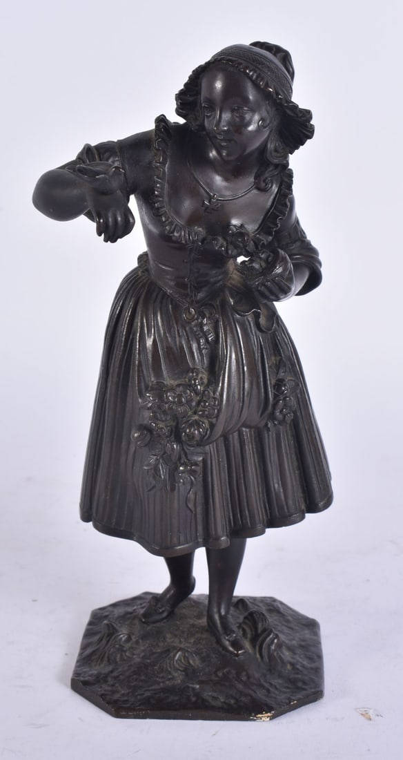 A 19TH CENTURY FRENCH BRONZE FIGURE OF A FEMALE modelled with a bird upon her wrist. 22.5 cm high. (1 of 5)
