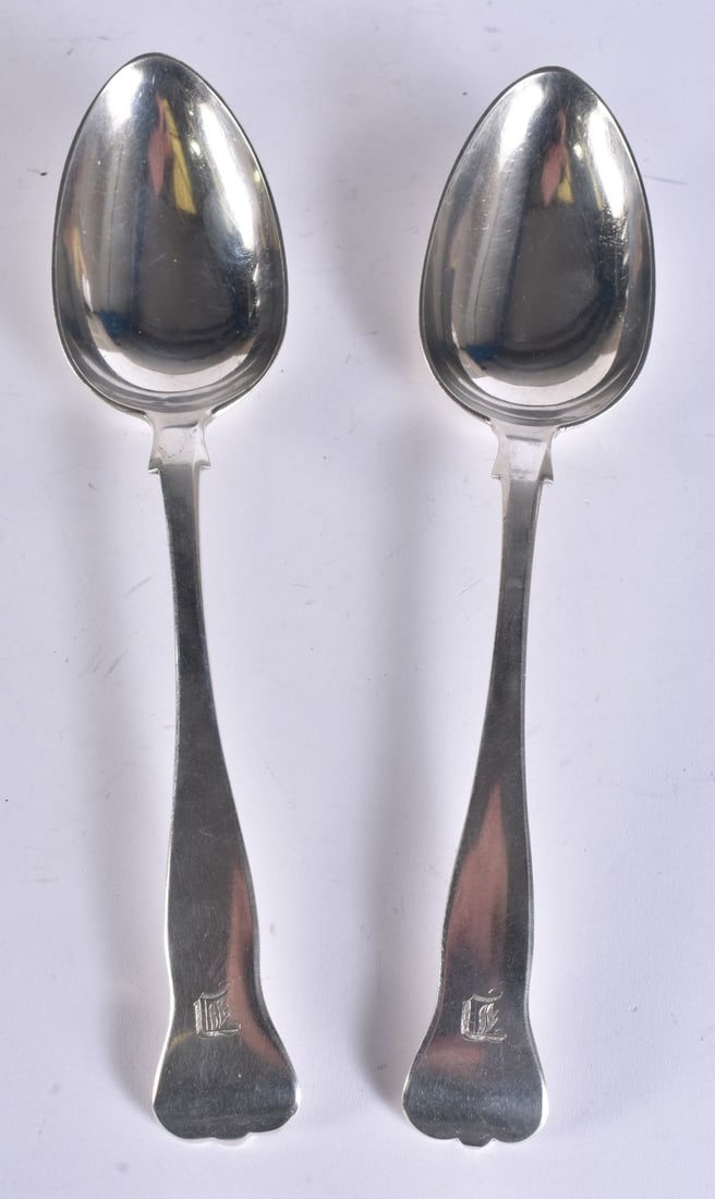 A PAIR OF SCOTTISH SILVER SPOONS. 182 grams. 23.5 cm long. (1 of 8)