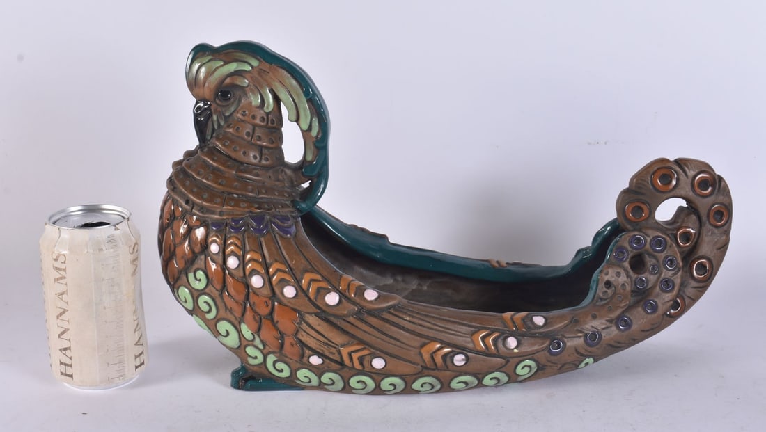 A RARE AUSTRIAN AMPHORA POTTERY BIRD BOAT PLANTER. 37 cm x 24 cm. (1 of 6)
