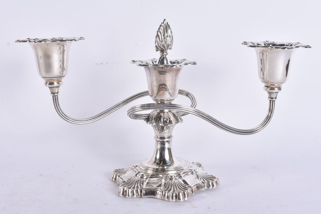 A SILVER TWIN HANDLED CANDLESTICK. 658 grams overall. 25 cm wide. (1 of 5)