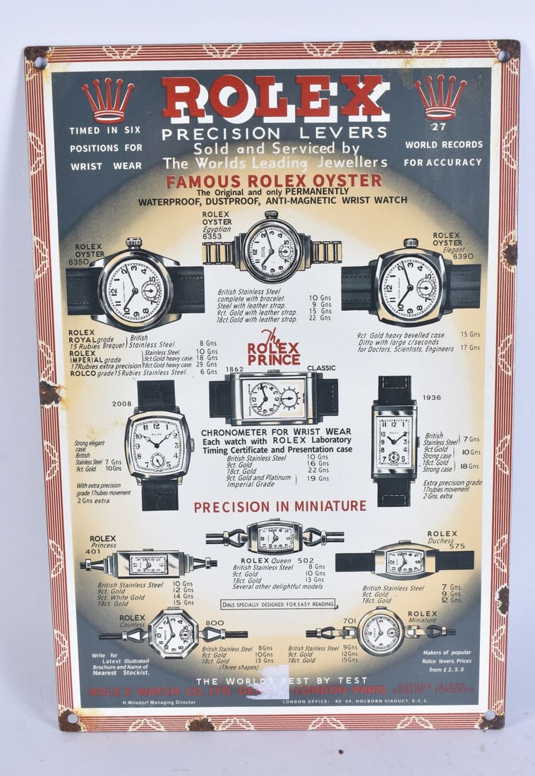 A ROLEX TIN PLATE ADVERTISING SIGN. 38 cm x 24 cm. (1 of 2)