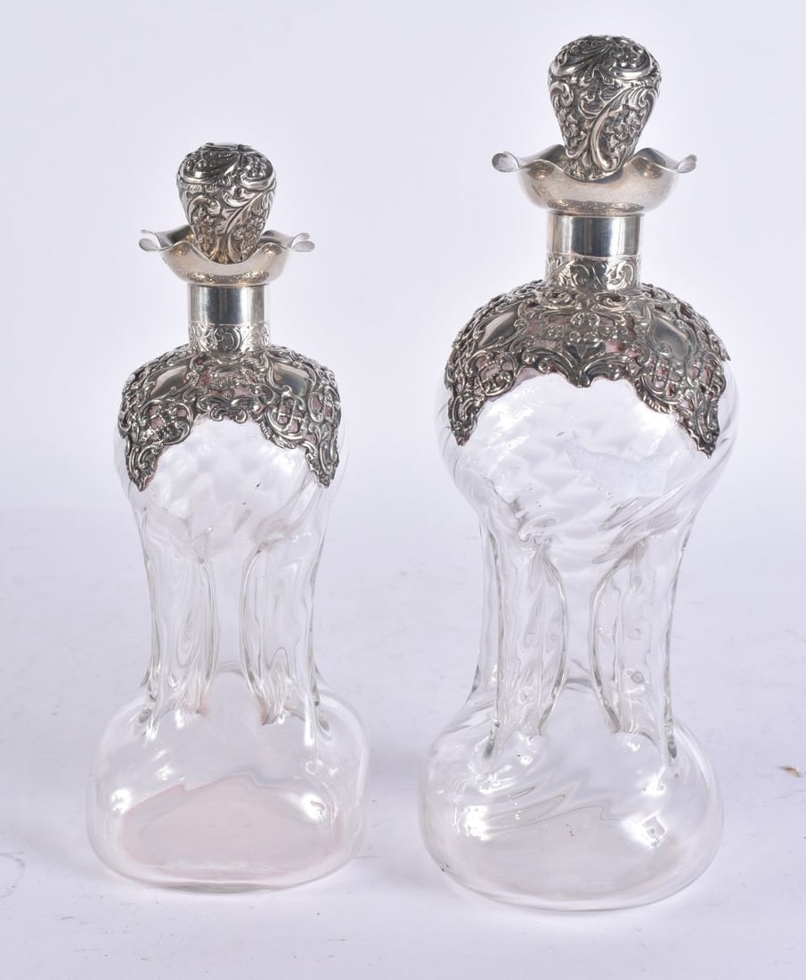 TWO ANTIQUE SILVER MOUNTED HOUR GLASS DECANTERS. Largest 25 cm high. (2) (1 of 5)