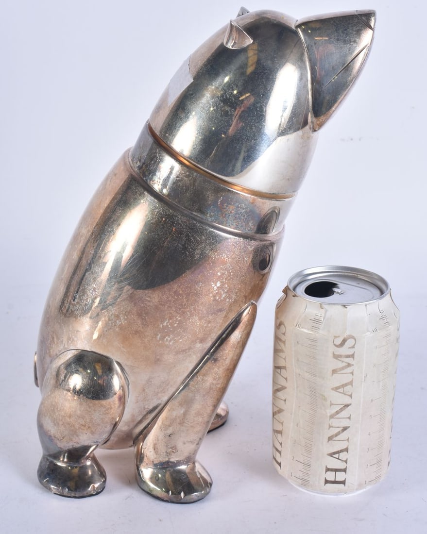 A SILVER PLATED BEAR COCKTAIL SHAKER AND COVER. 28 cm high. (1 of 6)
