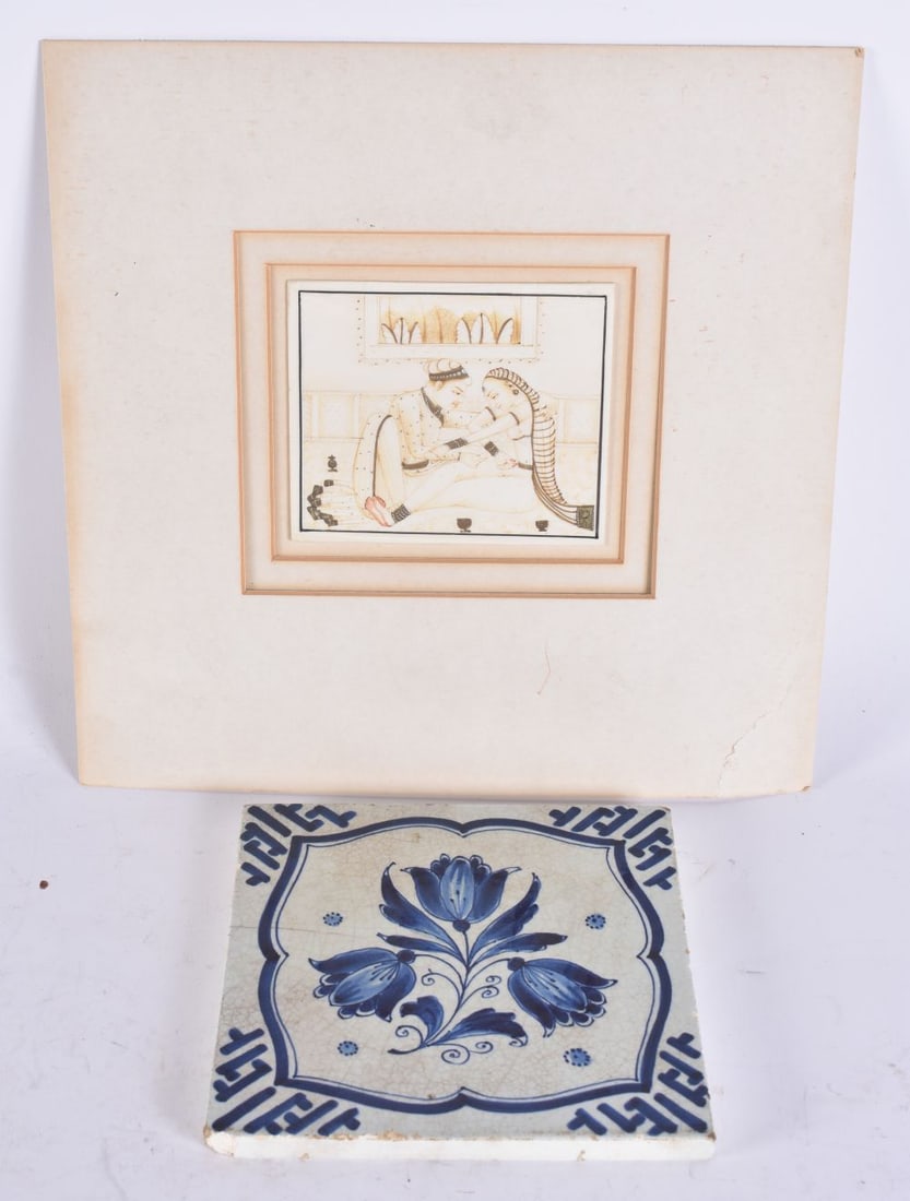 A DELFT TILE together with an Indian painting. Largest 24 cm square. overall. (2) (1 of 5)