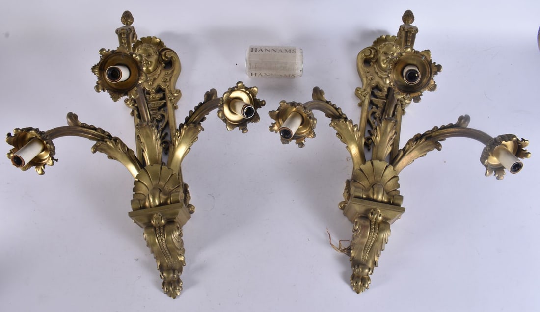 A LARGE PAIR OF BRONZE WALL SCONCES. 55 cm x 38 cm. (1 of 6)