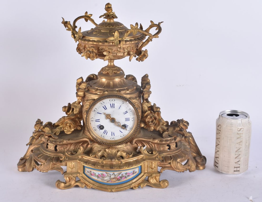 AN ANTIQUE FRENCH GILT BRONZE SEVRES PORCELAIN CLOCK. 32 cm x 32 cm.: AN ANTIQUE FRENCH GILT BRONZE SEVRES PORCELAIN CLOCK. 32 cm x 32 cm.