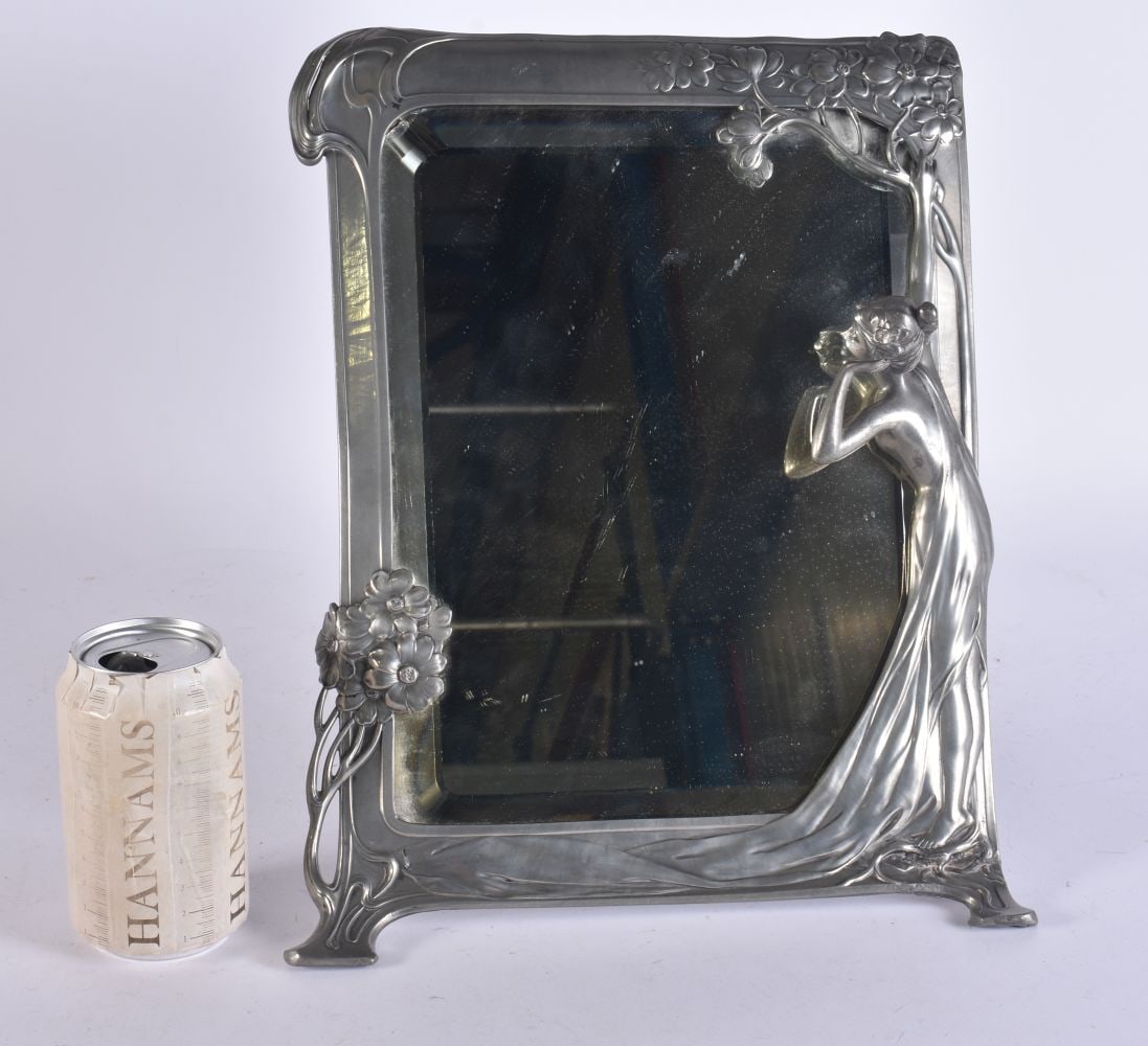 AN ART NOUVEAU PEWTER MAIDEN MIRROR. 35 cm x 22 cm.: AN ART NOUVEAU PEWTER MAIDEN MIRROR. 35 cm x 22 cm.