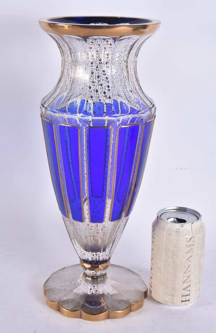 AN ANTIQUE BOHEMIAN BLUE AND GILT GLASS VASE. 35 cm high. (1 of 4)