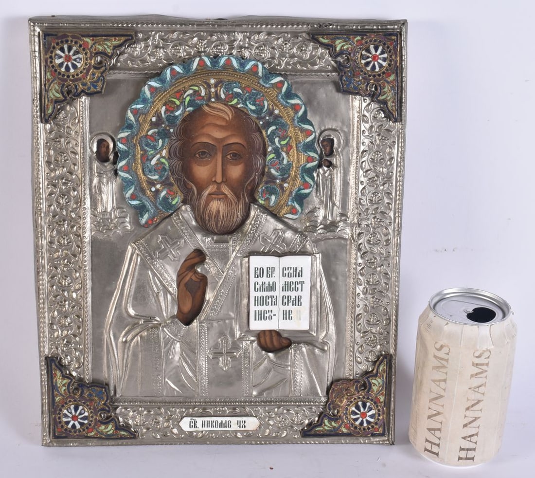 AN ANTIQUE RUSSIAN ENAMEL WHITE METAL ICON. 28 cm x 24 cm. (1 of 5)