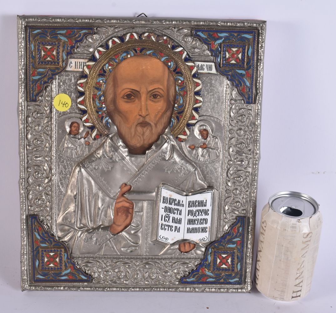A RUSSIAN WHITE METAL AND ENAMEL ICON. 32 cm x 26 cm. (1 of 5)