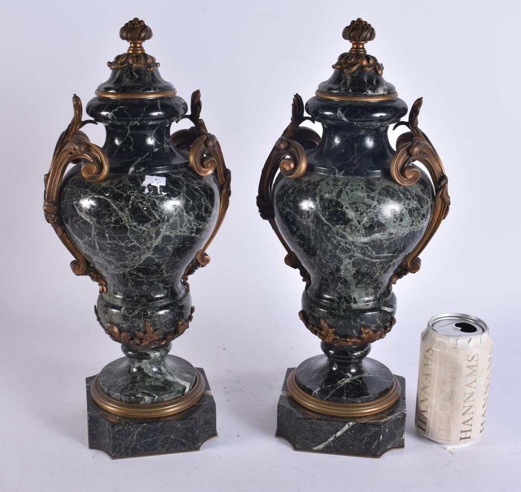 A PAIR OF 19TH CENTURY FRENCH MARBLE AND ORMOLU VASES. 38 cm x 15 cm. (1 of 4)