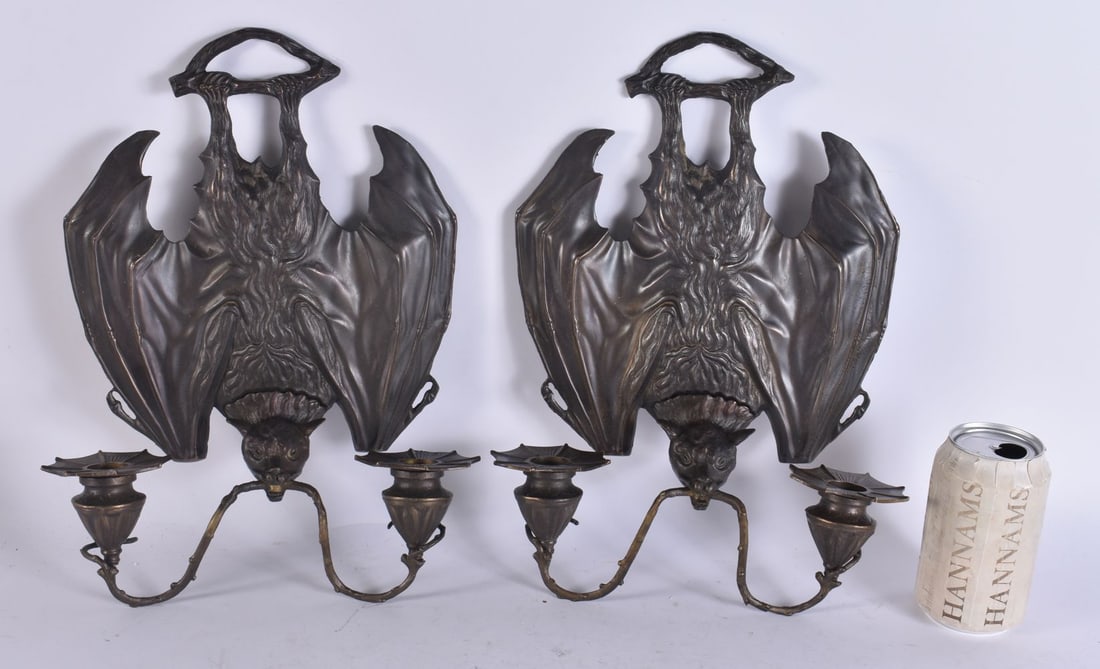 A PAIR OF CONTINENTAL BRONZE BAT WALL SCONCES. 32 cm x 22 cm. (1 of 3)
