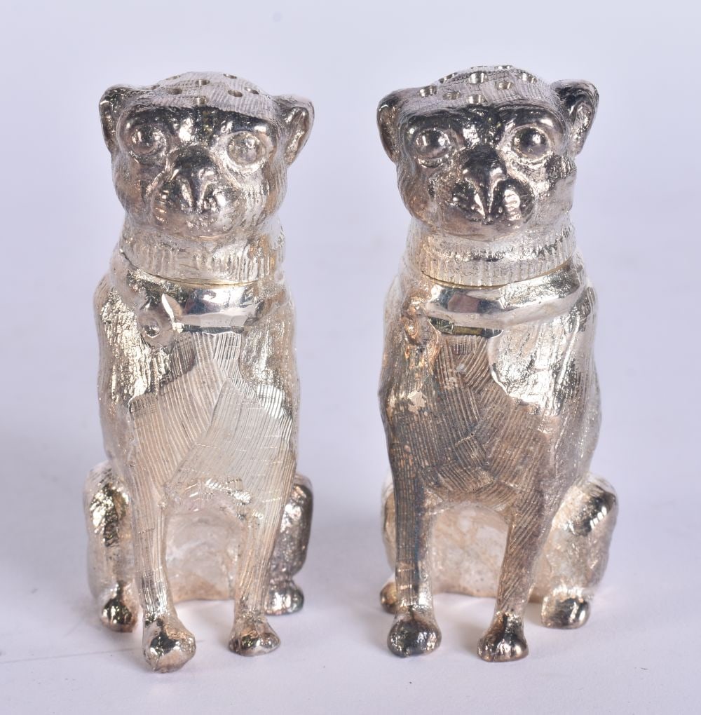 A PAIR OF SILVER PLATED DOG CONDIMENTS. 7 cm high. (1 of 5)