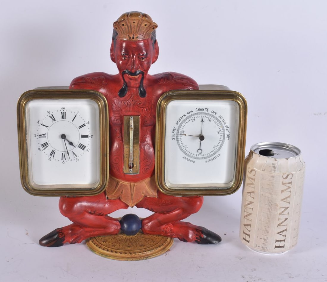 A LOVELY NOVELTY ANEROID BAROMETER EASTERN MALE CLOCK. 27 cm x 18 cm. (1 of 7)