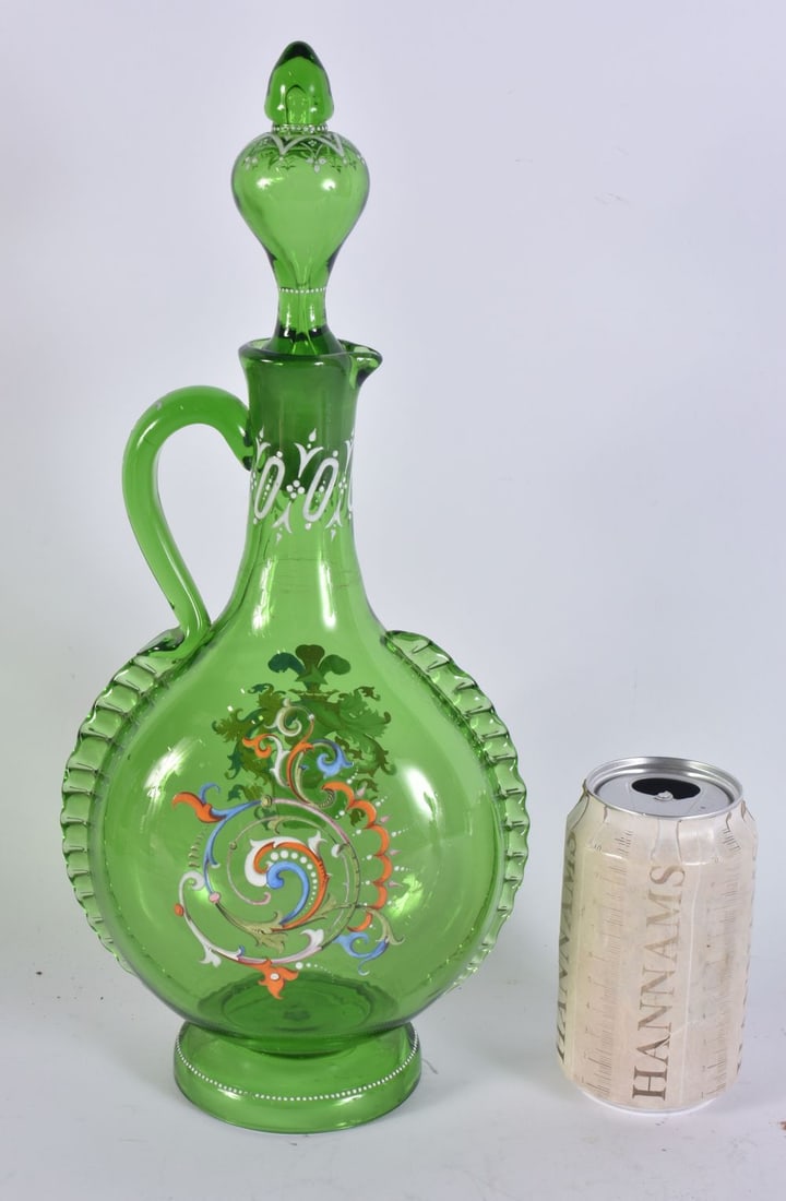 AN ANTIQUE GREEN GLASS ENAMELLED DECANTER AND STOPPER. 35 cm high. (1 of 6)