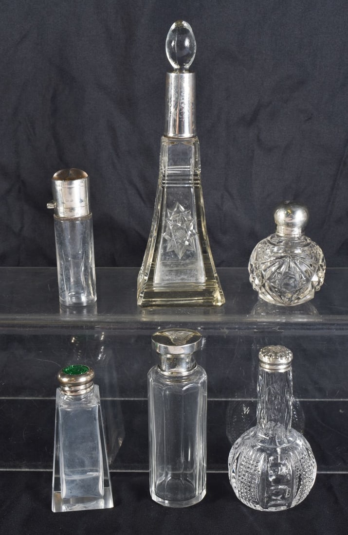 SIX ANTIQUE SILVER MOUNTED SCENT BOTTLES. (6) (1 of 4)