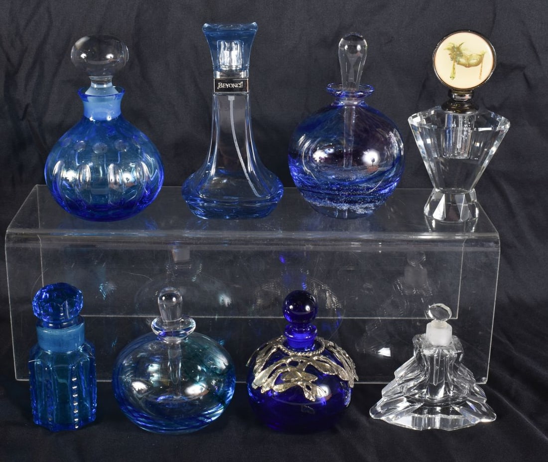 EIGHT ART GLASS SCENT BOTTLES. (8) (1 of 3)