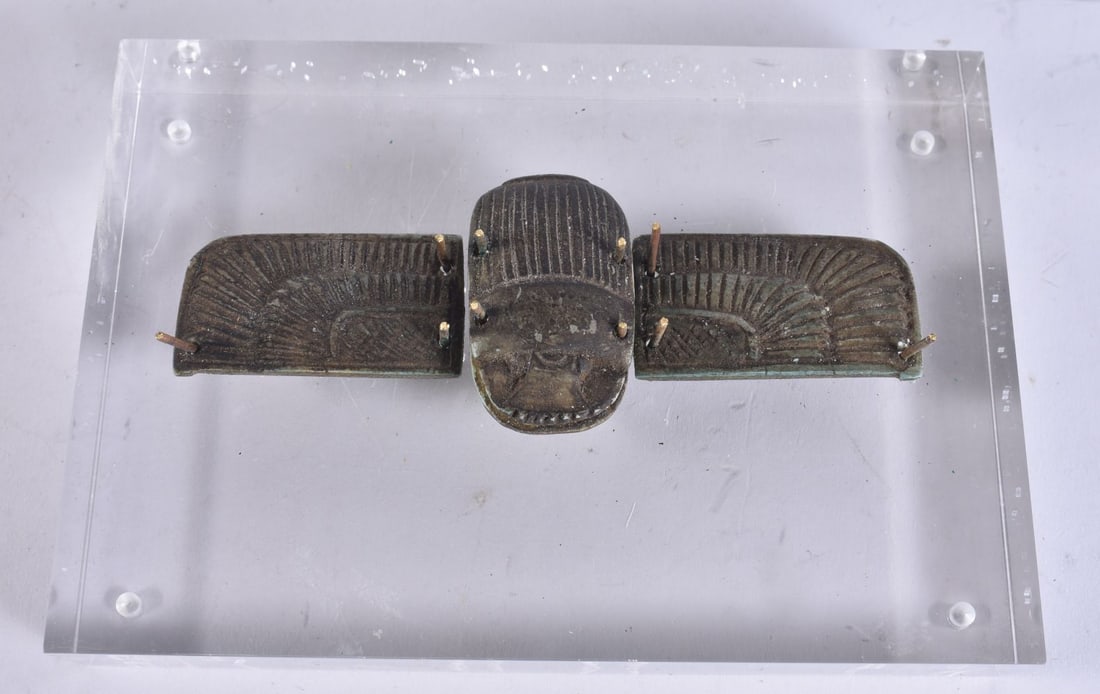 AN EGYPTIAN REVIVAL FAIENCE SCARAB BEETLE. 15 cm x 11 cm. (1 of 6)