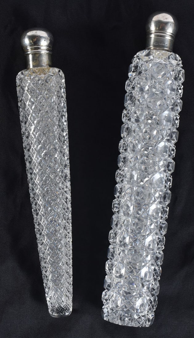 TWO LARGE ANTIQUE CUT GLASS SCENT BOTTLES. 24 cm long. (2) (1 of 6)