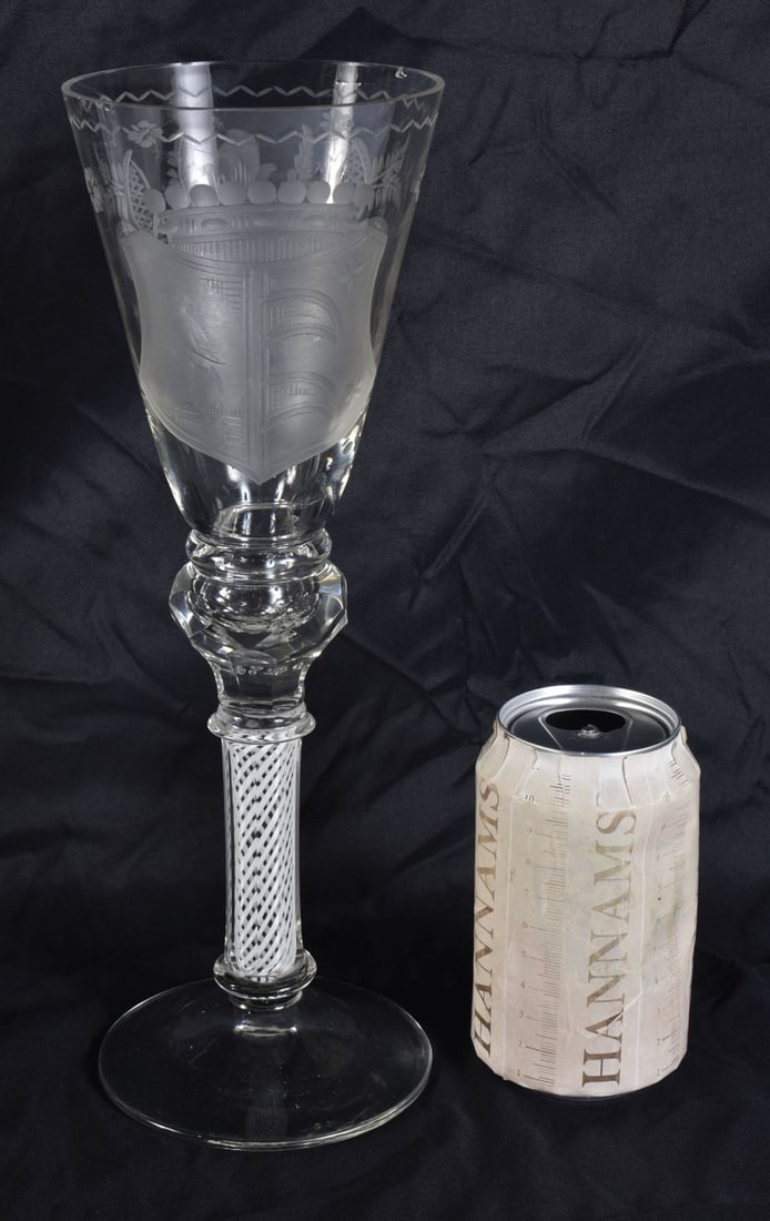 AN ANTIQUE ENGRAVED GLASS GOBLET. 30 cm high. (1 of 6)