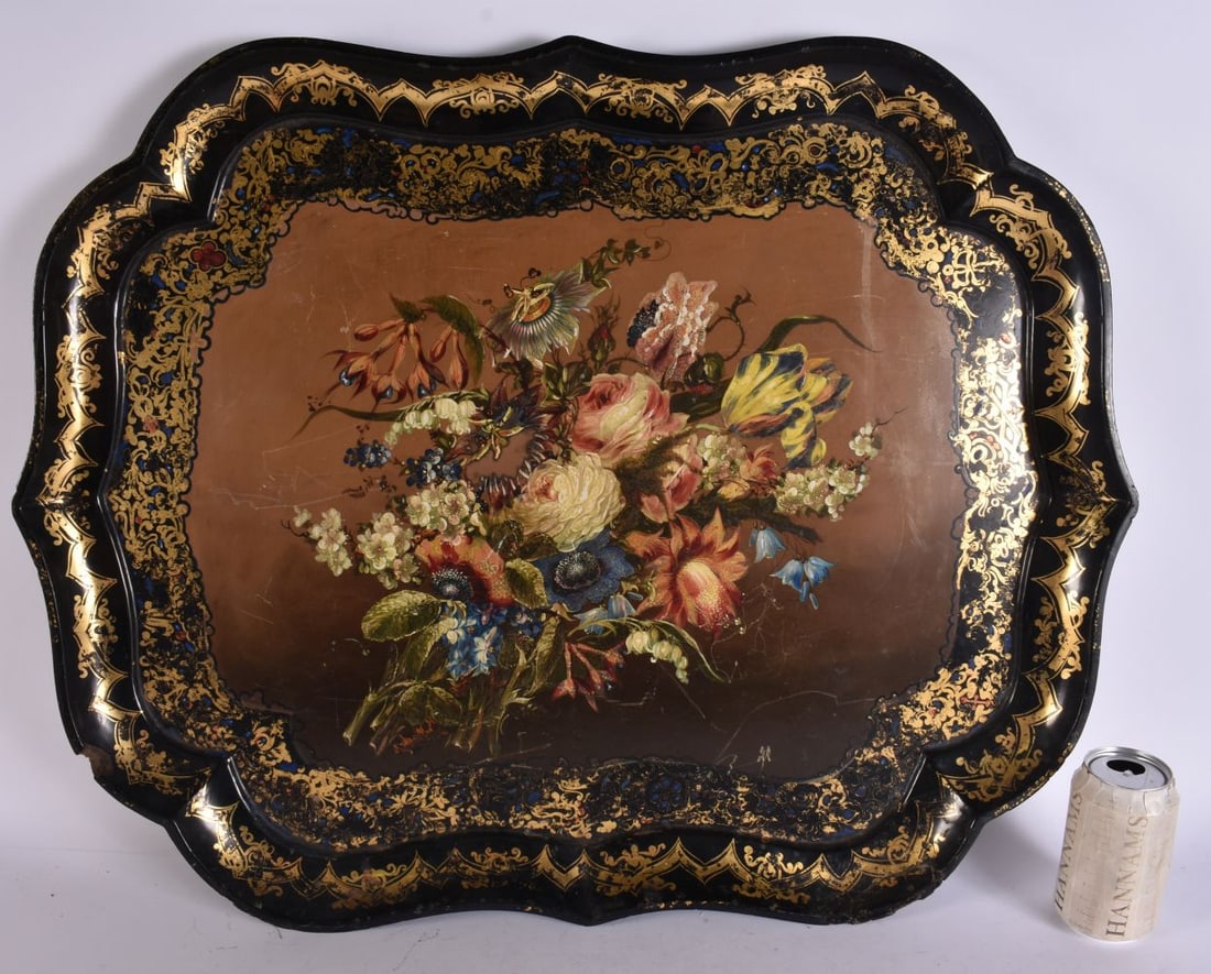 AN EARLY VICTORIAN PAPIER MACHE TRAY possibly Jennings and Bettridge. 70 cm x 54 cm. (1 of 5)