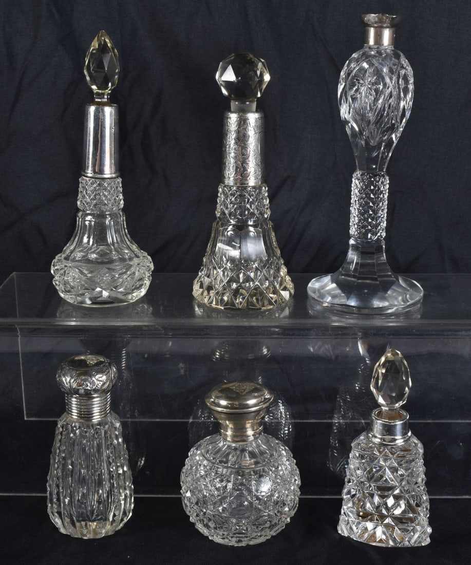 SIX ANTIQUE SILVER MOUNTED SCENT BOTTLES. (6) (1 of 5)