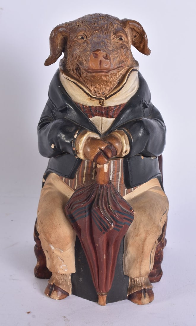 A RARE ANTIQUE AUSTRIAN TERRACOTTA PIG TOBACCO JAR AND COVER. 17 cm high. (1 of 5)