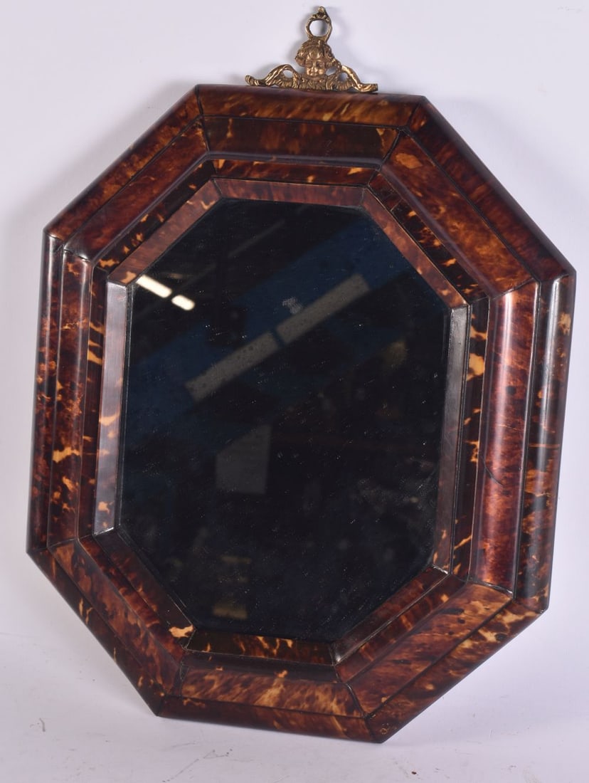 AN ANTIQUE EUROPEAN FAUX TORTOISESHELL MIRROR. 34 cm x 28 cm. (1 of 4)