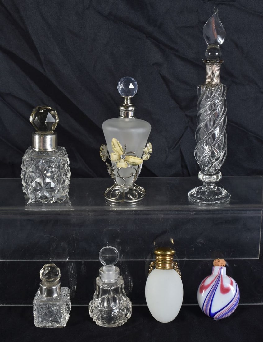 A VICTORIAN OPALINE GLASS EGG FORM SCENT BOTTLE together with six others. (7) (1 of 3)