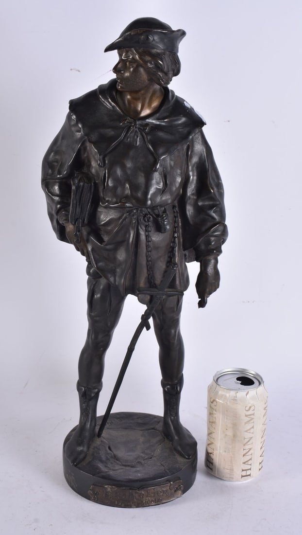 AN ANTIQUE FRENCH BRONZE FIGURE OF A MALE WITH SWORD. 48 cm high. (1 of 6)