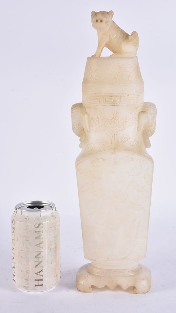 A LARGE 19TH CENTURY CHINESE CARVED WHITE STONE VASE possibly river jade, carved with flowers and a (1 of 6)