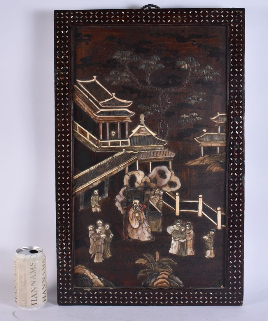 A LARGE 19TH CENTURY CHINESE LACQUERED MOTHER OF PEARL INLAID HARDSTONE PANEL Late Qing. 60 cm x 40 (1 of 8)