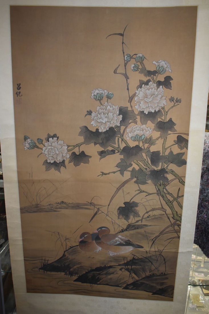 A CHINESE PAINTED SCROLL. 175 cm x 70 cm, image 107 cm x 60 cm. (1 of 8)