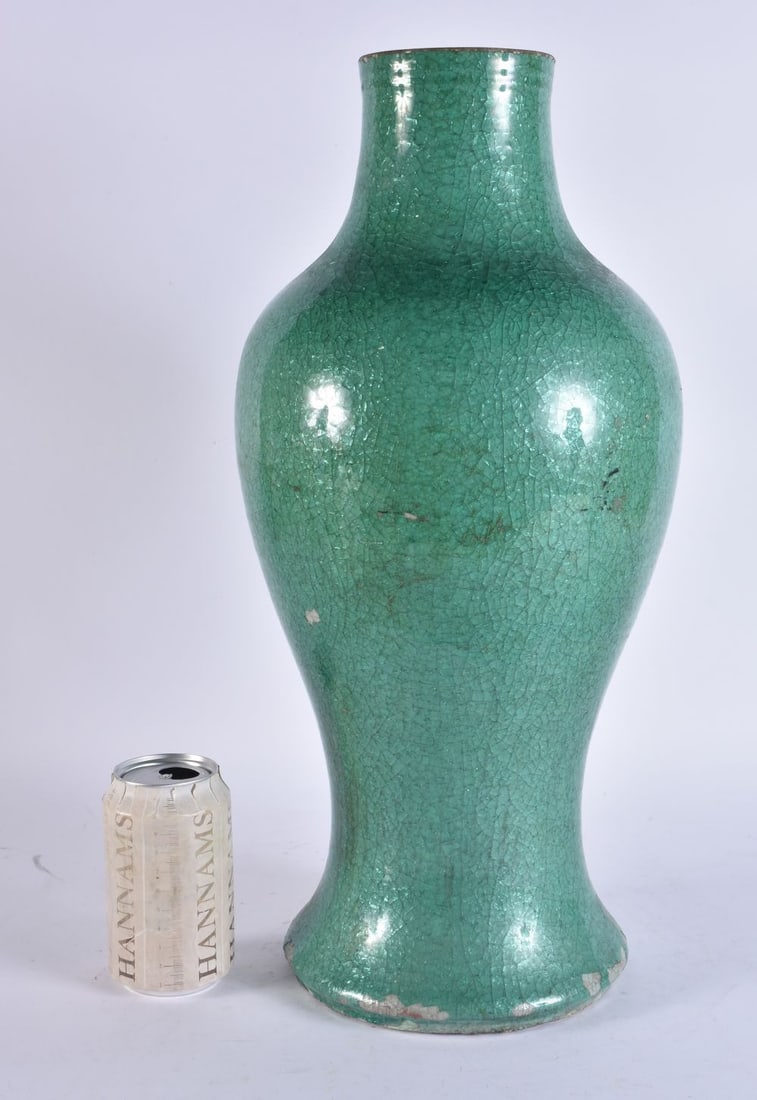 A VERY RARE CHINESE QING DYNASTY GREEN GLAZED CRACKLE GLAZED VASE. 47 cm x 18 cm. (1 of 10)