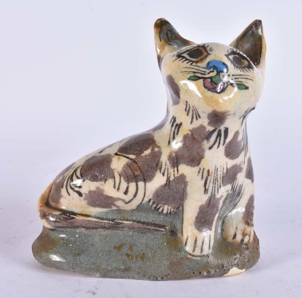 A RARE 19TH CENTURY ISLAMIC PERSIAN QAJAR POTTERY CAT. 14 cm x 14 cm. (1 of 5)