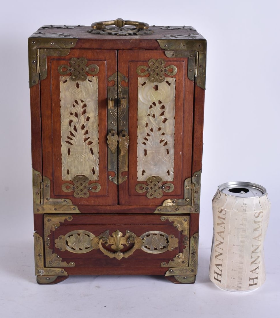 A CHINESE REPUBLICAN PERIOD JADE INSET TABLE SCHOLARS CABINET. 28 cm x 18 cm. (1 of 6)