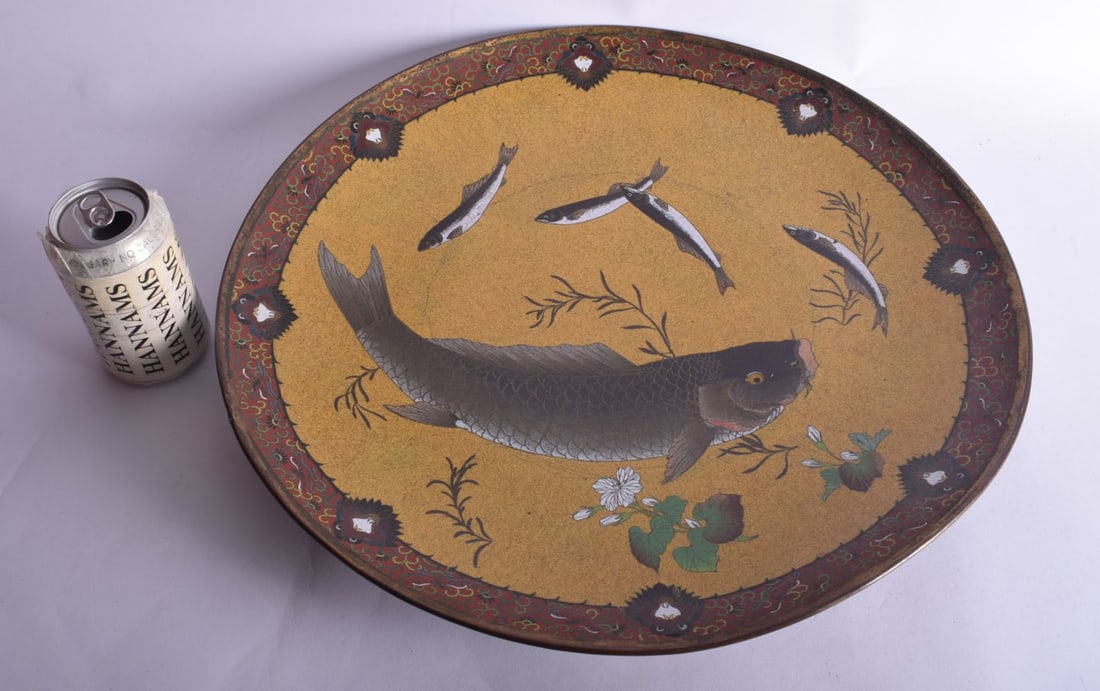 A LARGE 19TH CENTURY JAPANESE MEIJI PERIOD CLOISONNE ENAMEL DISH decorated with fish. 40 cm wide. (1 of 3)