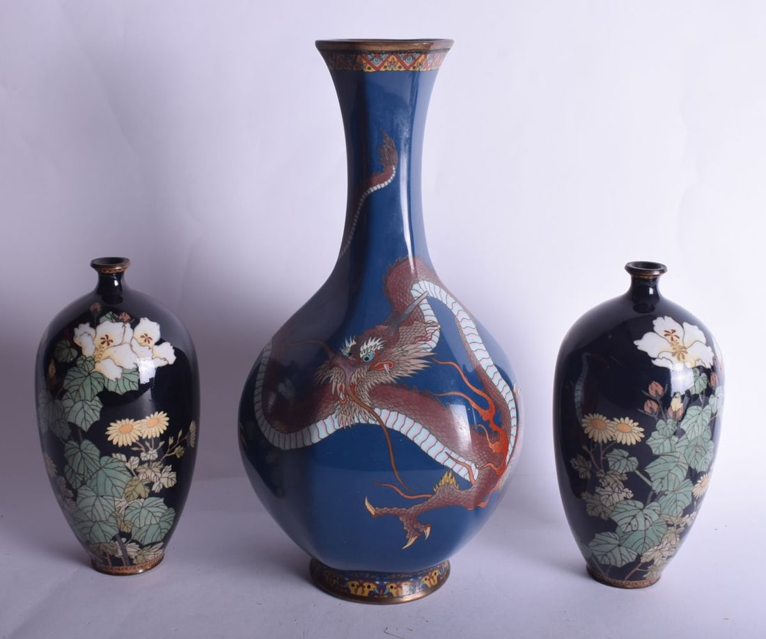 THREE LATE 19TH CENTURY JAPANESE MEIJI PERIOD CLOISONNE ENAMEL VASES. Largest 32 cm high. (3): THREE LATE 19TH CENTURY JAPANESE MEIJI PERIOD CLOISONNE ENAMEL VASES. Largest 32 cm high. (3)