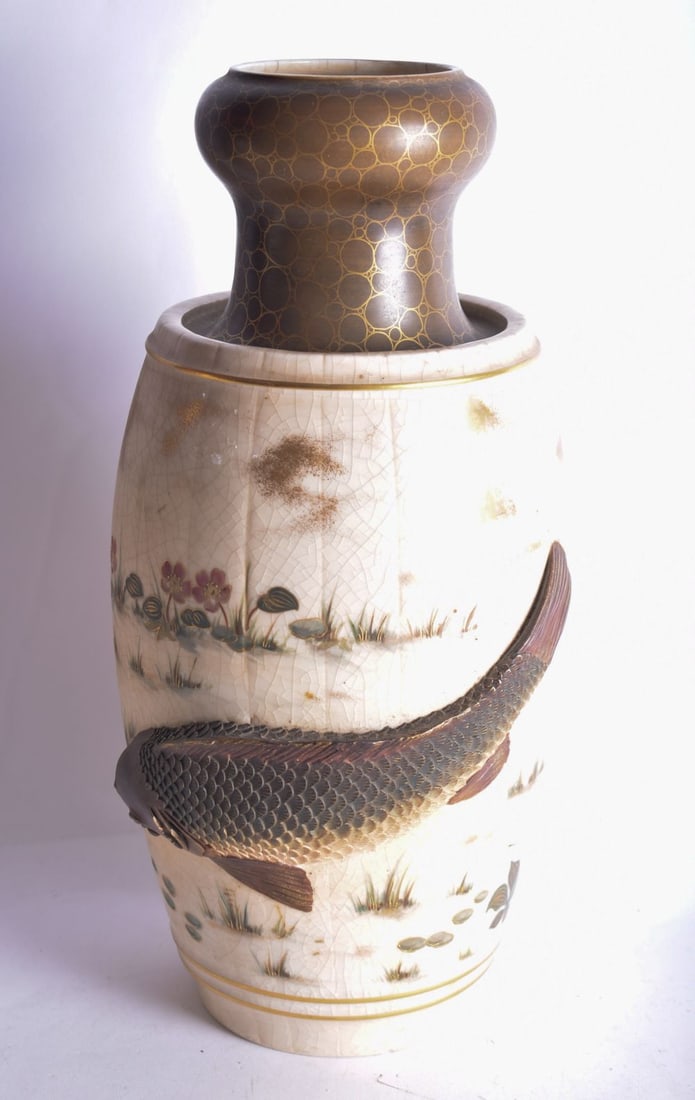 AN UNUSUAL 19TH CENTURY JAPANESE MEIJI PERIOD SATSUMA VASE decorated in relief with a carp. 34 cm hi (1 of 4)