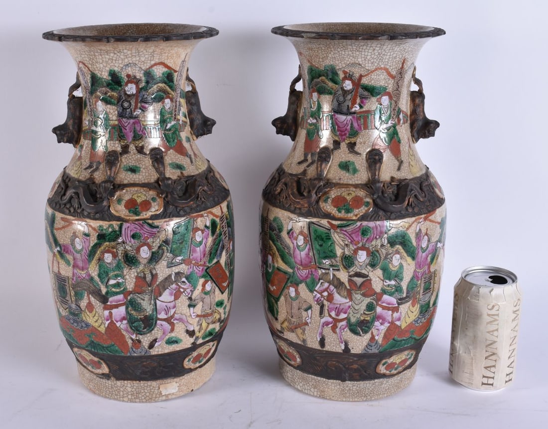 A LARGE PAIR OF 19TH CENTURY CHINSE CRACKLE GLAZED FAMILLE ROSE VASES Qing. 34 cm high. (1 of 7)