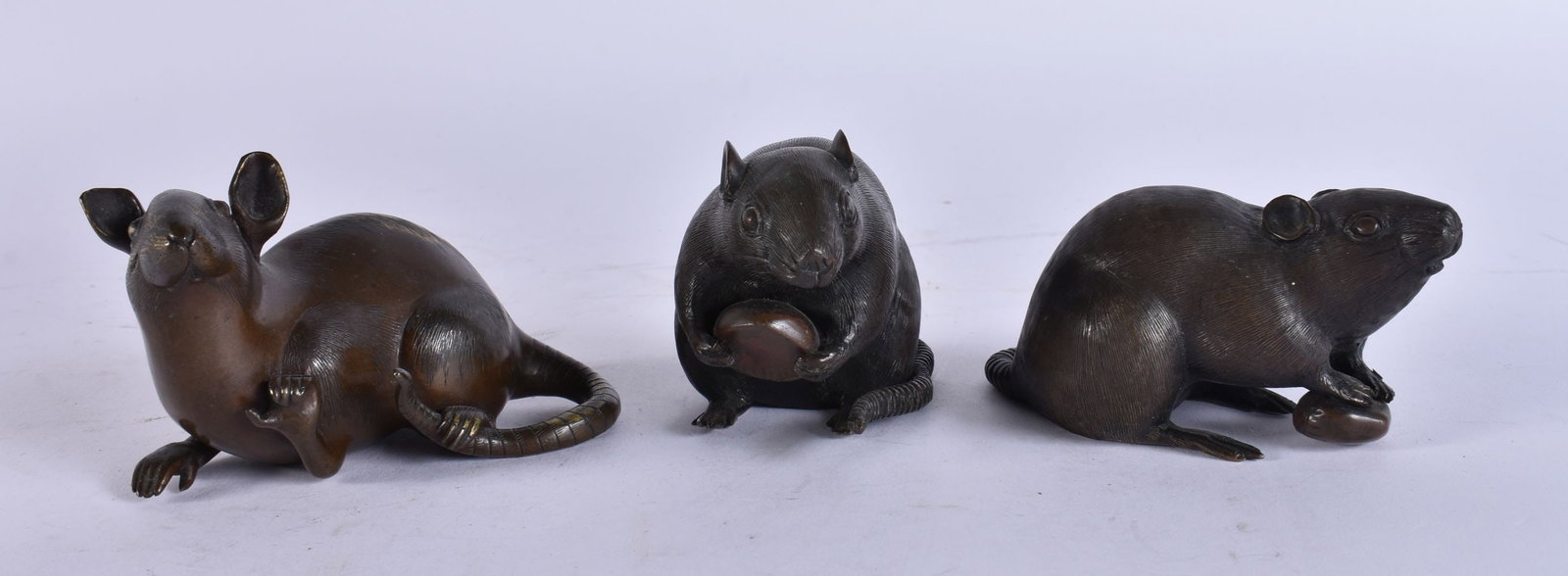 A GROUP OF THREE 19TH CENTURY JAPANESE MEIJI PERIOD BRONZE RATS. Largest 10 cm wide. (3) (1 of 6)